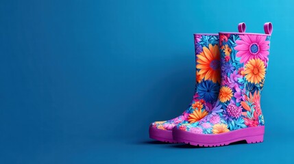 Floral Rain Boots on Blue Background