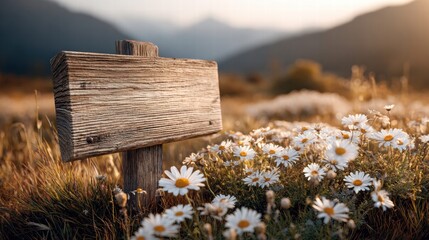 Wooden sign in a field of daisies with mountains in the background at sunset.