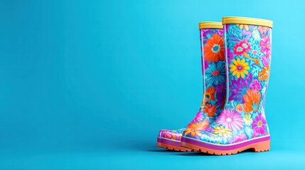Floral rain boots on a vibrant blue background