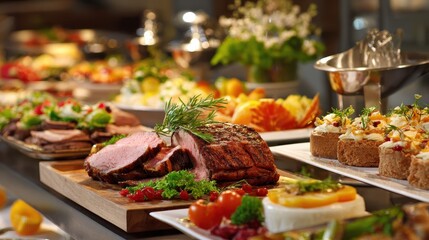 Catering buffet with colorful meat and dishes at a restaurant during a lively indoor event
