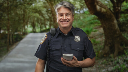 Man police officer holding a notepad and writing notes with his right hand on a paved forest trail; duty vigilance.
