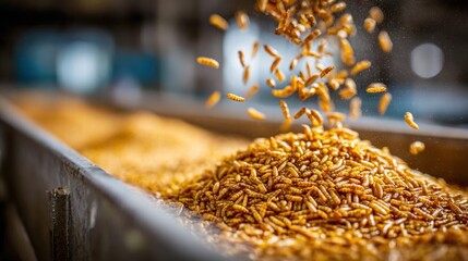 Close-up of mealworms falling into a pile, ready for processing.