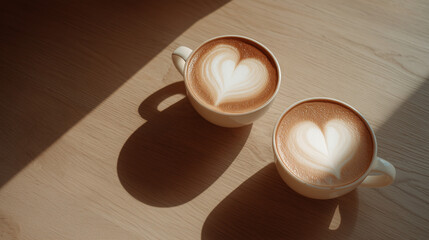 Two cups of coffee with heart-shaped latte art, perfect for expressing love on Valentine's Day.