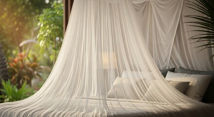 Sheer canopy drapes over a tropical bedroom filled with light.