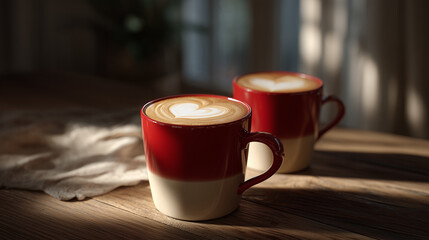 Two red mugs with latte art on a wooden table, symbolizing love and connection, perfect for Valentine's Day.