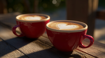 Two red cups of coffee with heart-shaped latte art, perfect for Valentine's Day gifts and romantic moments.