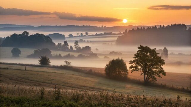 Warm golden light of sunrise casting a serene glow over a misty rural landscape with rolling hills and distant forest