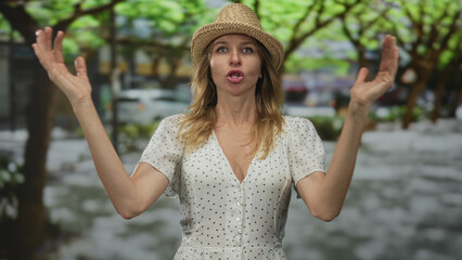 Woman with hands raised in expressive gesture on a city street wearing straw hat and white polka...