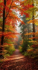 Obraz premium Forest path bathed in autumn sunlight reveals vibrant foliage and fallen leaves.
