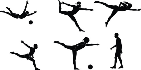 Silhouettes of athletes performing dynamic balance poses and sports movements with ball, showcasing agility, flexibility, coordination, and professional athletic motion for vector design