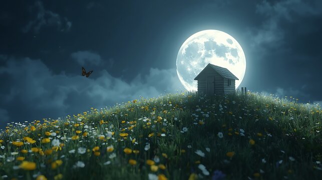 Full blue moon over a dark forest on a cloudy Halloween night sky - Powered by Adobe