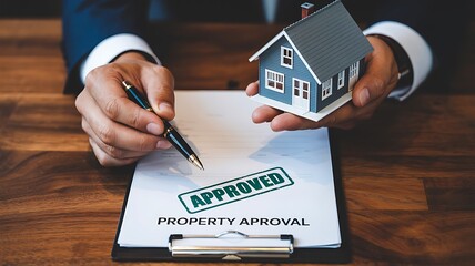 Property approval document with house model and business signature
