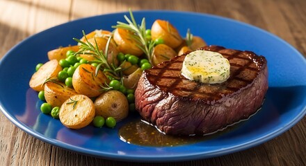 Gourmet grilled steak served with roasted potatoes and peas.