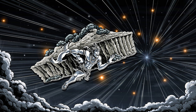 Silver humanoid figure levitating/carrying rock formation in space, dramatic scene, anime style, digital art.