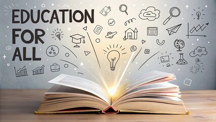 Education for all concept with glowing open book and academic doodles.
