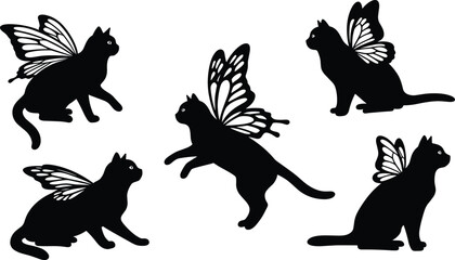 Silhouettes of fantasy cats with butterfly wings, magical feline creatures flying and sitting, fairy tale animal design for fantasy art illustration