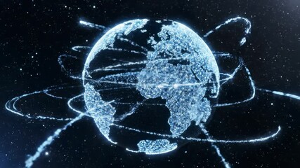 Abstract Blue Digital Earth Globe With Glowing Particles And Orbiting Light Streaks On A Dark Background Animated 3D Render - Powered by Adobe
