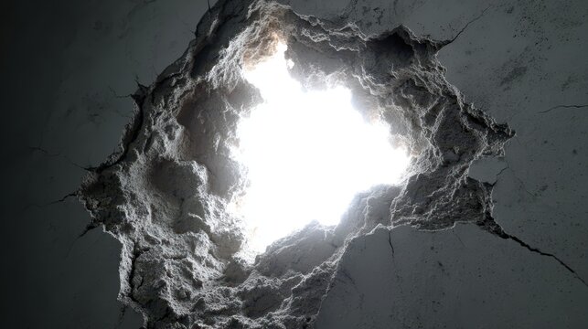 A dramatic and abstract image of a rough, broken concrete wall with a bright light shining through a jagged hole