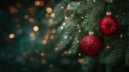 Red Christmas ornament red bauble evergreen branch holiday decoration Christmas lights bokeh