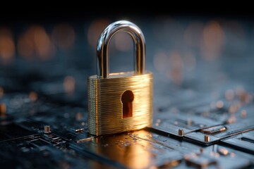 Exploring cybersecurity concepts with a digital lock on a circuit board representing data protection and online security measures