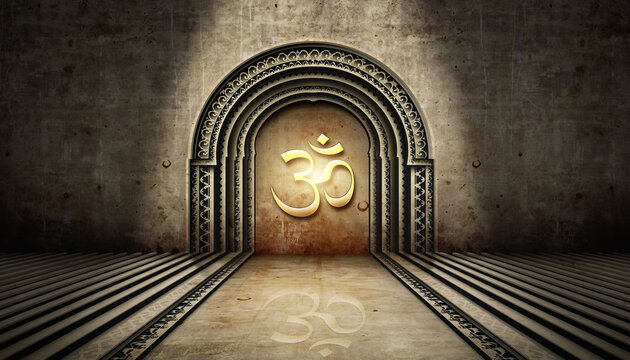 Ancient Gateway with Om Symbol Spirituality and Meditation Concept.