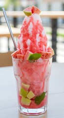 Refreshing pink shaved ice dessert with fresh fruit and mint leaves.