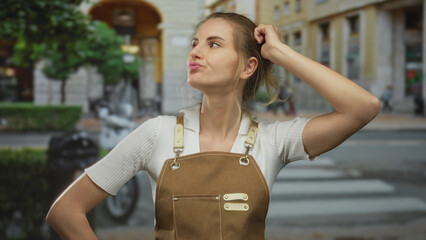 Woman in apron standing on city street with one hand in hair appearing thoughtful outdoors in urban...