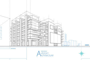 Abstract outline drawing of imaginative urban architectural building design and construction.
