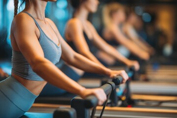 Women engaged in pilates class using machines at a gym focusing on core strength and flexibility