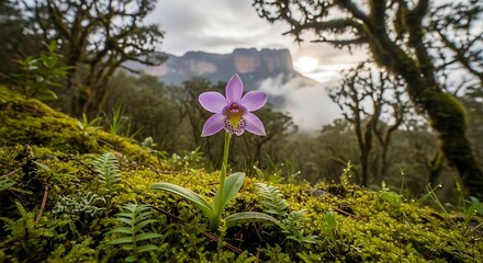 Delicate purple orchid blooms in a misty forest with a mountain vista.