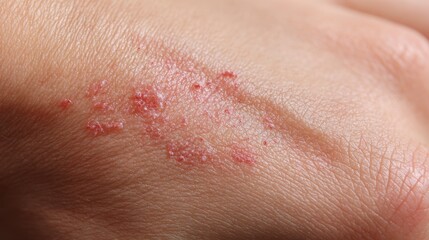 Fototapeta premium Symptoms of scabies visible on human skin, showing redness and irritation on the surface