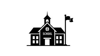 A black and white silhouette icon of a traditional school building with a bell tower and a flagpole with a waving flag.