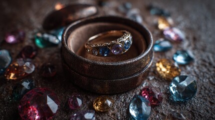 Beautiful jewelry ring surrounded by colorful gemstones in a velvet box on a wooden surface