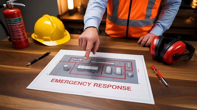 Emergency response plan with safety gear and industrial risk diagram on table
