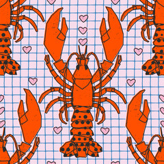 Seamless lobster pattern with hearts on blue grid background. Perfect for textile design, wrapping paper, coastal-themed projects, summer graphics
