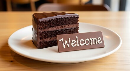 A slice of rich chocolate cake with frosting sits on a white plate, accompanied by a chocolate plaque saying "Welcome." A wooden chair is blurred in background