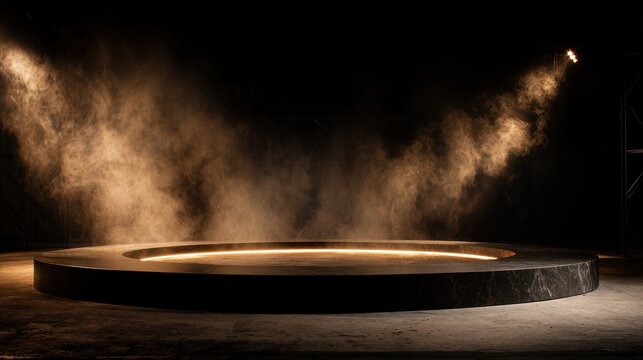 Dramatic empty circular stage or product display platform illuminated by spotlights with smoke and dust particles in a dark environment