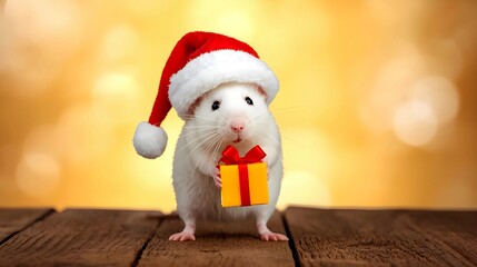 A close-up, high-quality photograph captures a small, white domestic rat with pink ears and black eyes, adorned in a miniature Santa hat with a red fuzzy body and white pom-pom. 