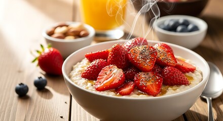 Hot oatmeal with fresh strawberries and chia seeds is served.