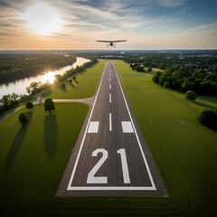 A small aircraft takes off from a runway marked "21" at sunset, with a river and lush greenery in the background