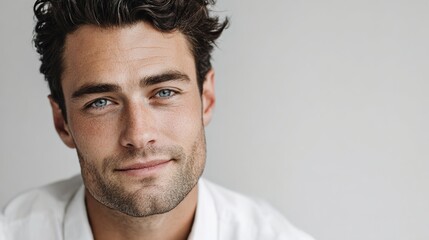 Fototapeta premium Captivating Gaze: A close-up shot of a man's face, displaying a confident expression and piercing blue eyes, inviting viewers to connect and engage.