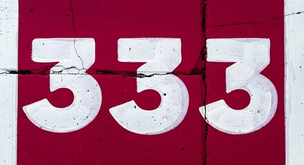 Three white numbers three painted on a red surface.