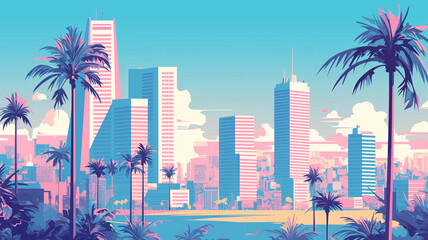 Obraz premium 夕焼けに包まれた高層ビルのシルエットが美しい都市の風景。近代的な街並み、夕暮れの空、ガラス張りの建物、建築美、未来都市、ビジネス街、イラスト背景素材