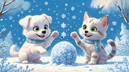 puppy and kitten playing with the sparkling snowball.