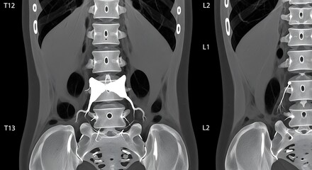 Coronal and sagittal CT scan shows spine and pelvic bones with medical devices.