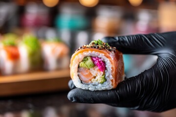 Delicious sushi roll with fresh ingredients held by a gloved hand ready to be served at a sushi restaurant
