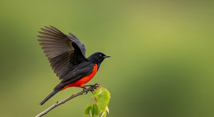 A small bird, boasting vibrant red and black plumage, perches on a twig with outstretched wings, framed against a blurred green backdrop