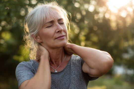 Senior woman experiencing neck and back pain after an accident during exercise outside in the warm sunlight, seeking relief in a peaceful natural setting