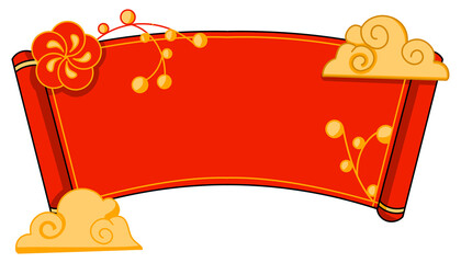 Red Chinese festive banner frame with decorative gold elements for Lunar New Year greetings. © 3D Icon