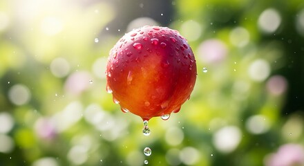 Ripe fruit covered in water droplets falls in the summer garden.